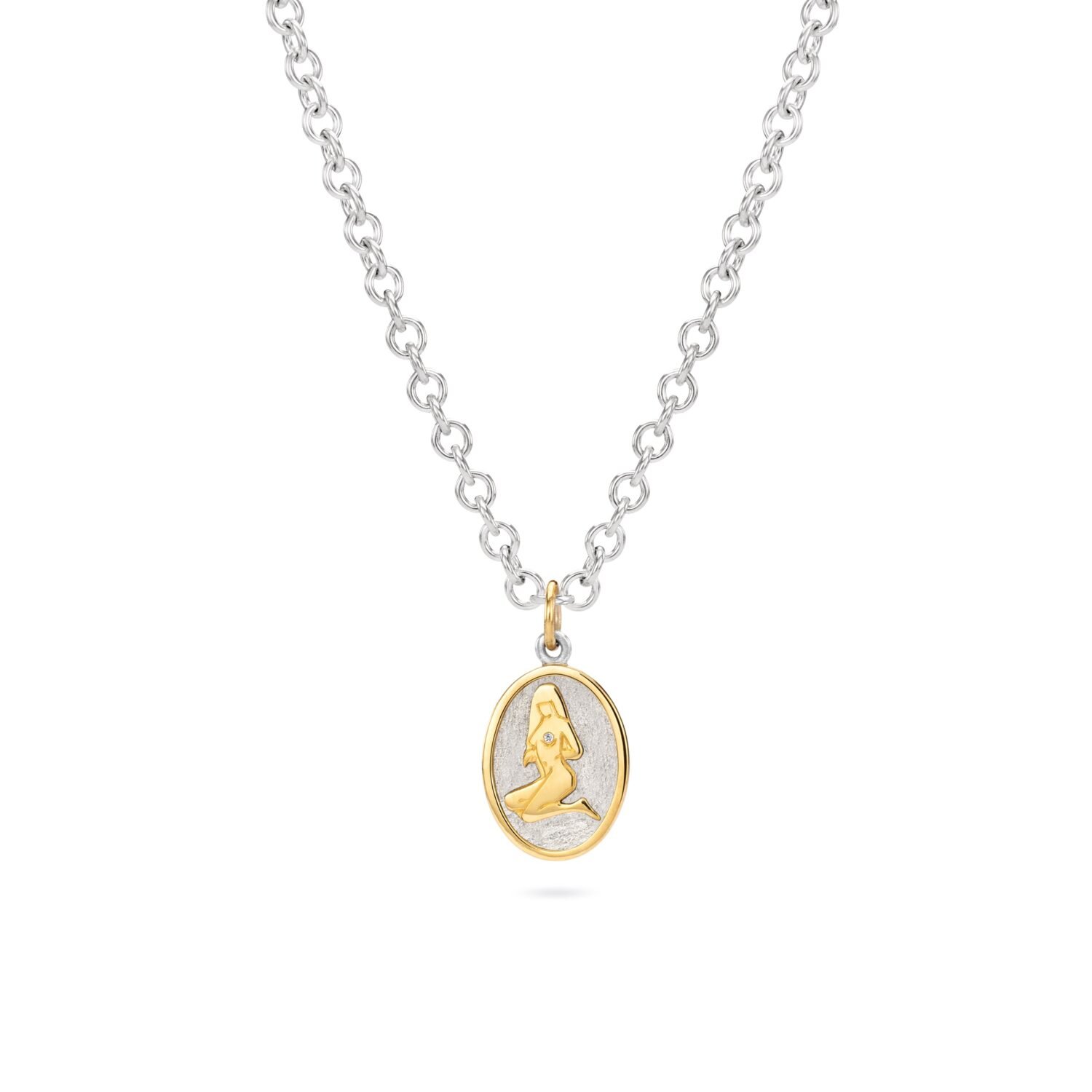 18ct yellow gold and silver pendant hand engraved female figure Jewellery bespoke handmade Lara Stafford Deitsch