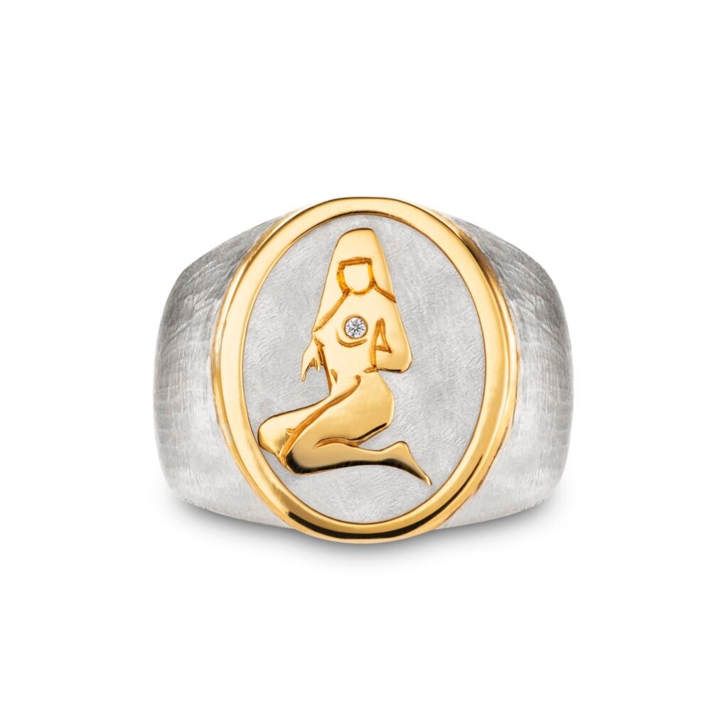 18ct Gold and Silver Oval Signet Ring with hand engraved female figure Jewellery bespoke handmade Lara Stafford Deitsch