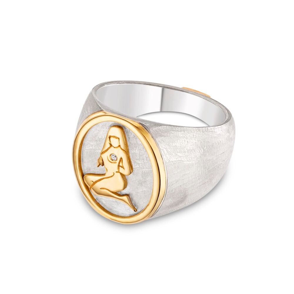 18ct Gold and Silver Oval Signet Ring with hand engraved female figure Carla Jewellery bespoke handmade Lara Stafford Deitsch