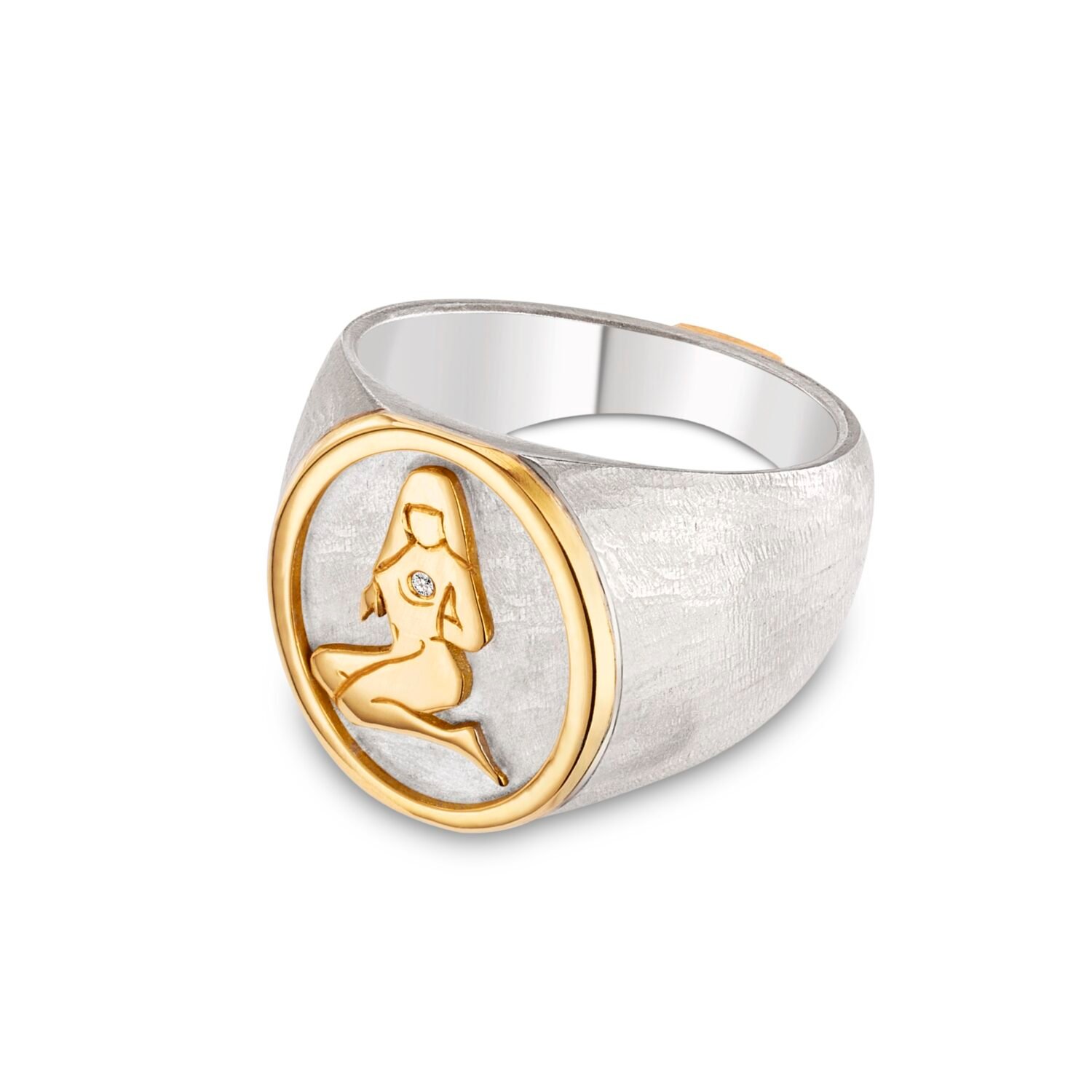 18ct Gold and Silver Oval Signet Ring with hand engraved female figure Carla Jewellery bespoke handmade Lara Stafford Deitsch