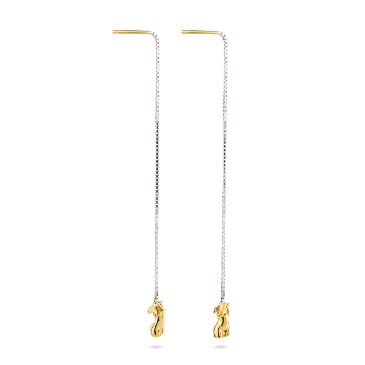 threaded chain drop earrings, silver and 18ct yellow gold with female figure, Scarlet Hoops Jewellery bespoke handmade Lara Stafford Deitsch