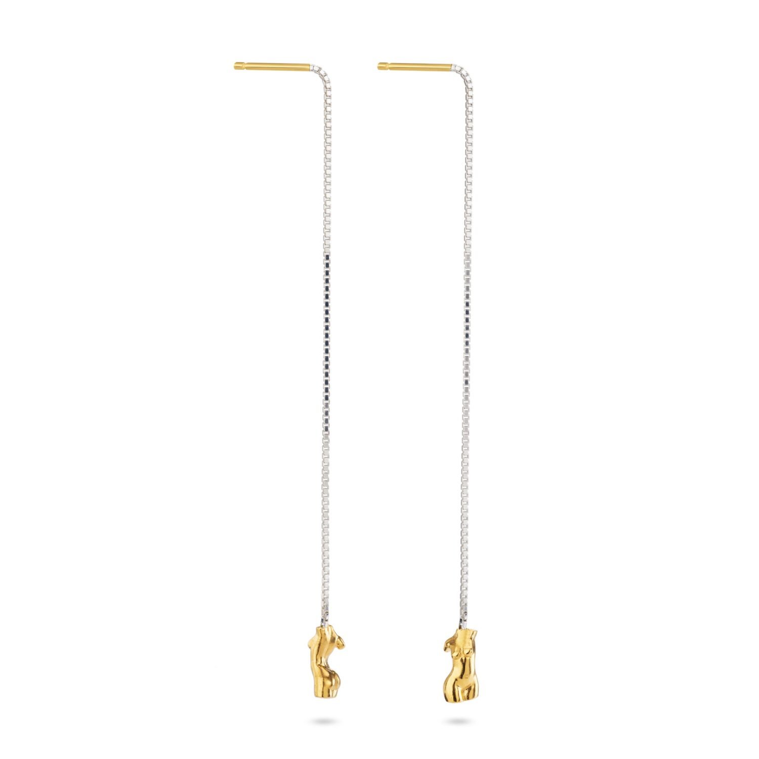 Everyday threaded chain earrings in silver, 18ct yellow gold with female figure. Jewellery bespoke handmade Lara Stafford Deitsch