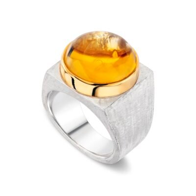 Magnifier Signet Ring, silver signet ring, cabochon citrine set in 18ct yellow gold Stamped with LSD