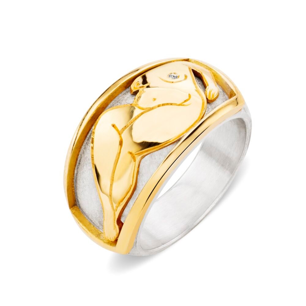 18ct yellow gold and silver signet ring with hand engraving of female figure and ethically sourced diamond nipple