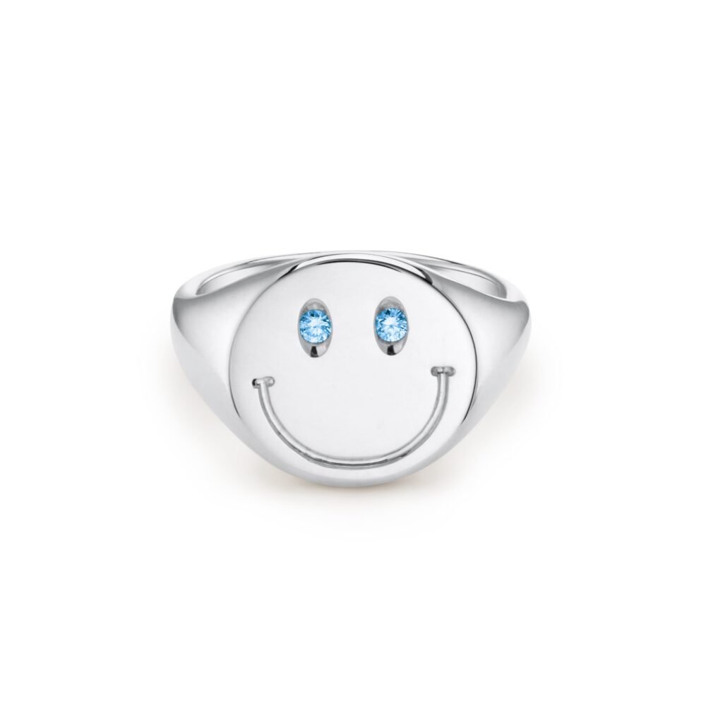 Diamond and Silver Smiley Facer Signet Ring