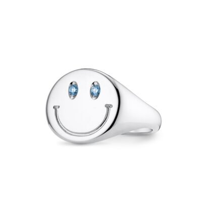 Diamond and Silver Smiley Facer Signet Ring