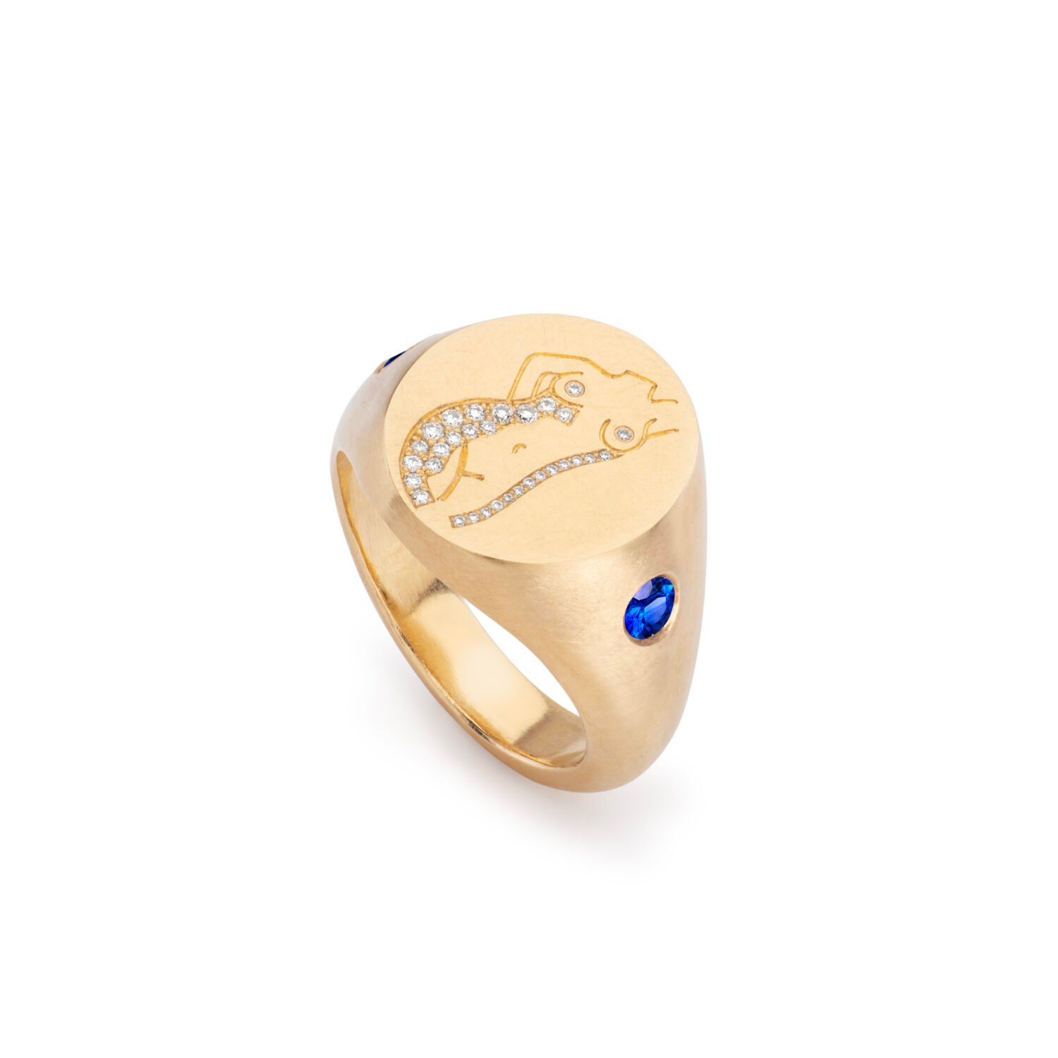 diamond engraved signet ring with blue sapphires