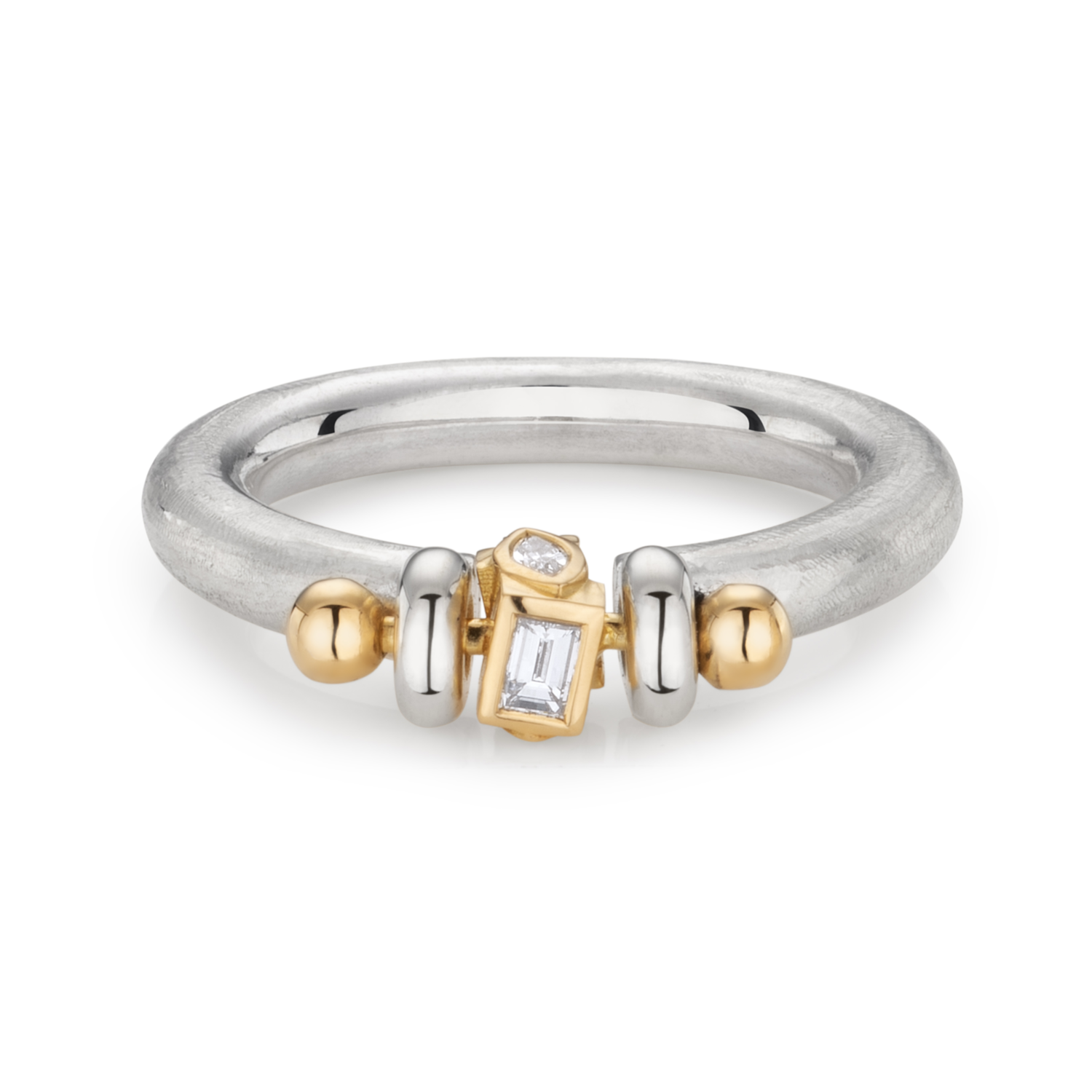 Tactile silver and gold ring with spinning 18ct gold band set with diamonds