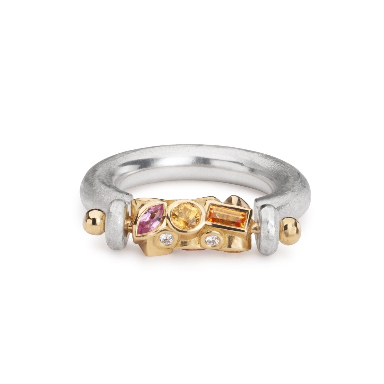 18ct gold, silver and multi stone spinning ring