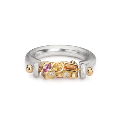 18ct gold, silver and multi stone spinning ring