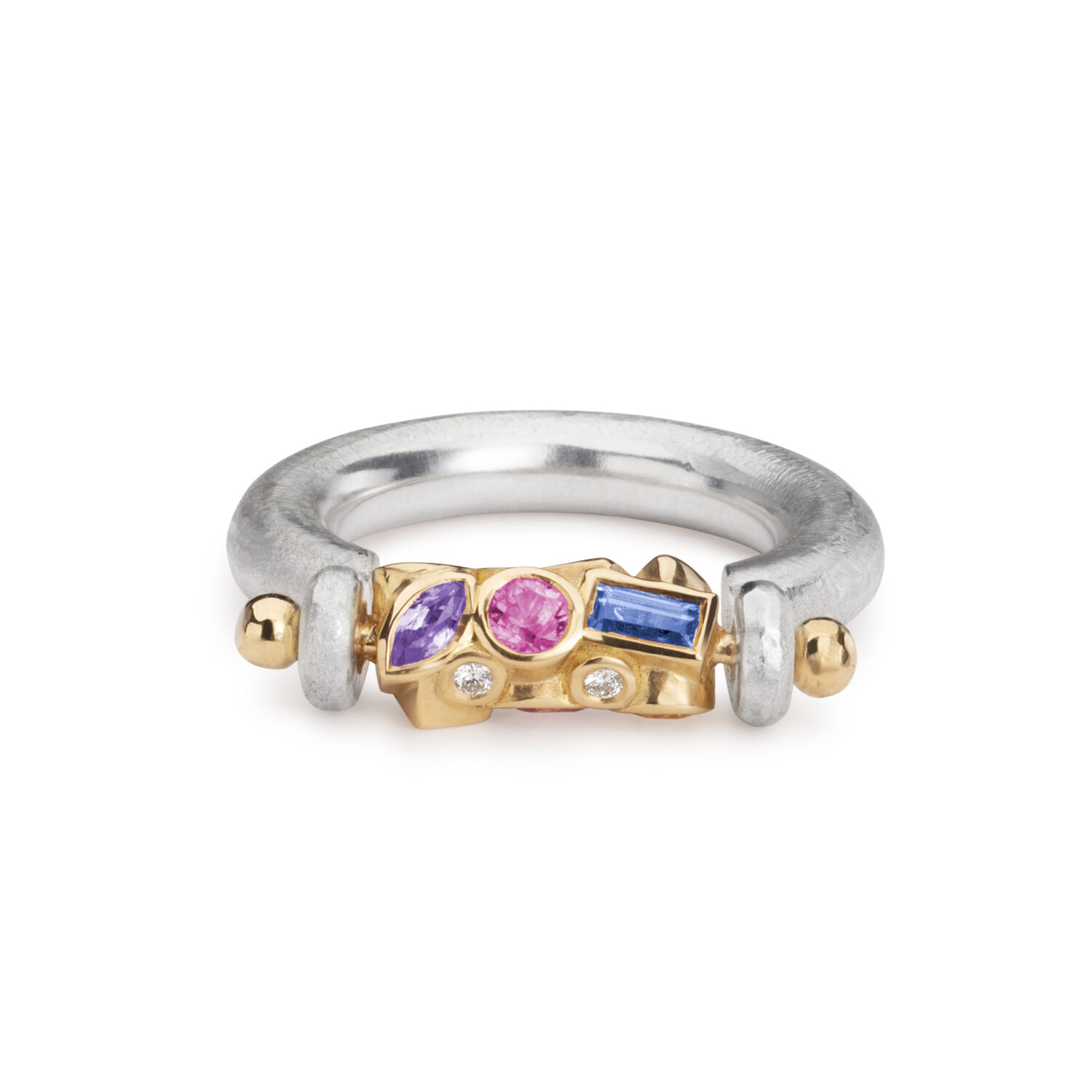 purple pink and blue spinning sapphire ring