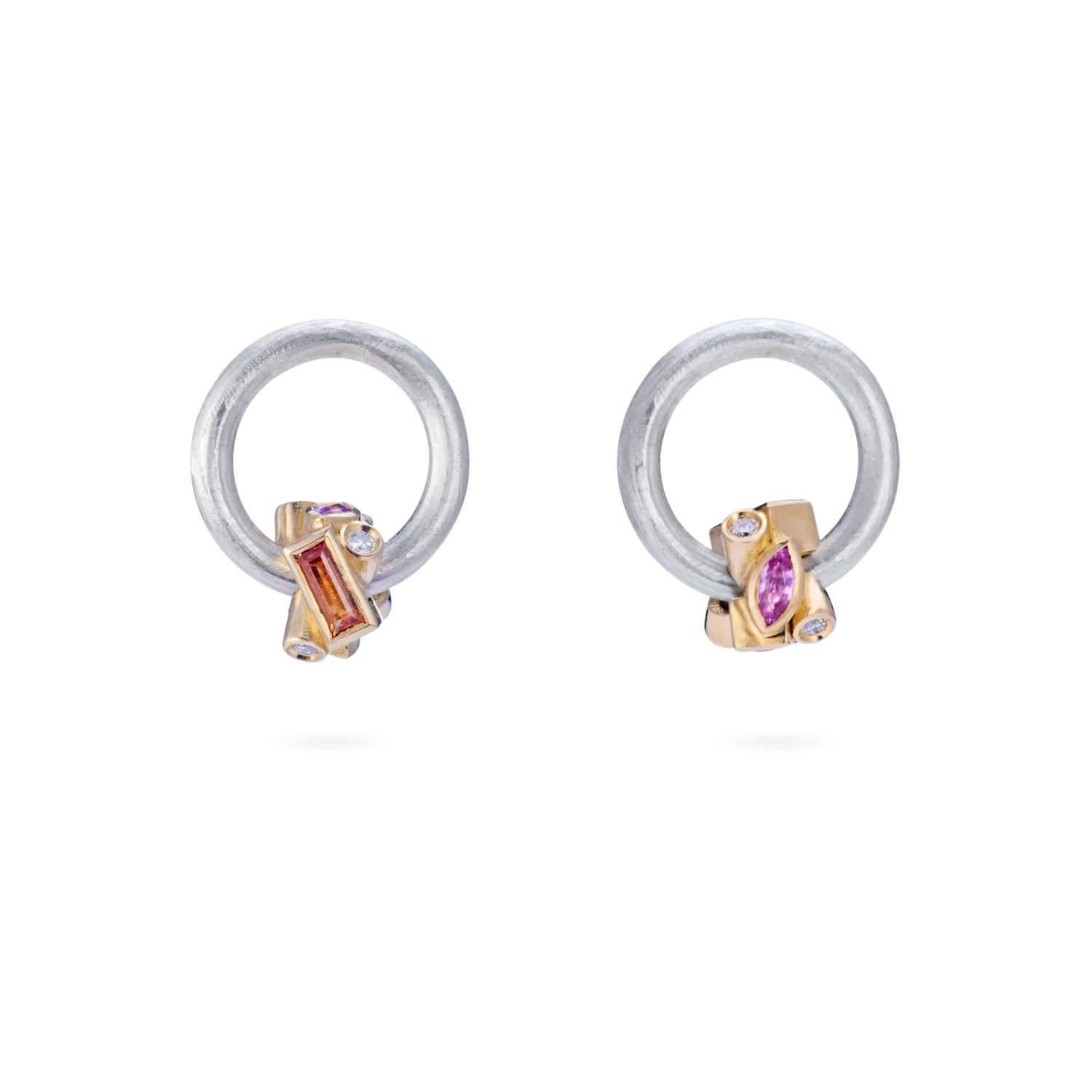 pink and orange sapphire earrings in 18ct gold and silver