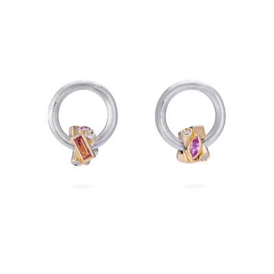 pink and orange sapphire earrings in 18ct gold and silver