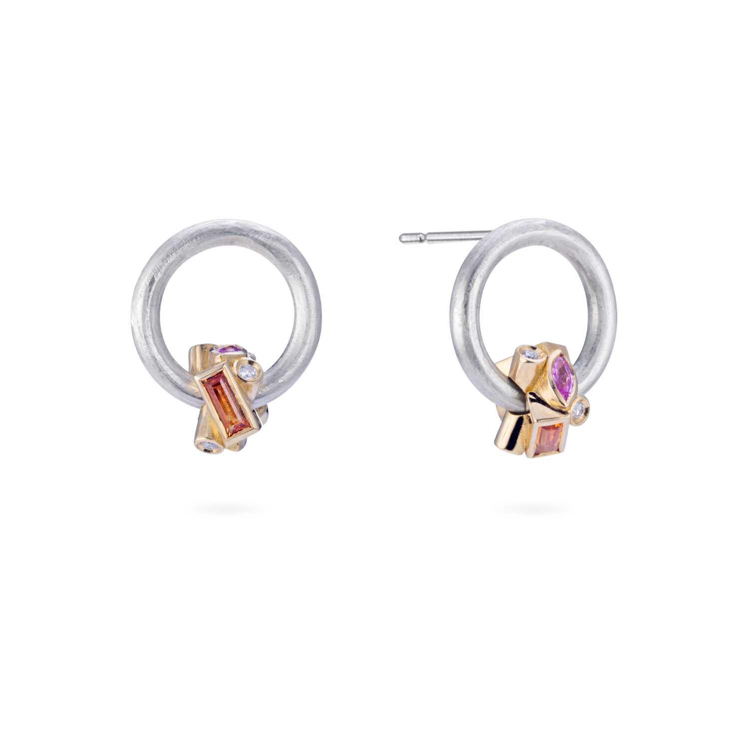 pink and orange sapphires with diamonds in 18ct gold and silver