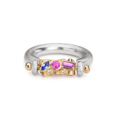 18ct gold, silver spinning ring with sapphires and diamonds