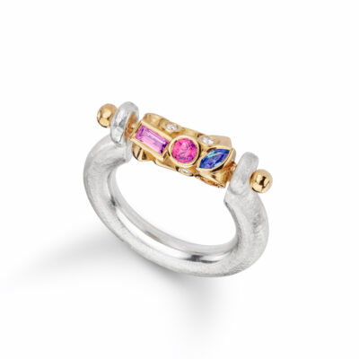 18ct gold, silver spinning ring with sapphires and diamonds